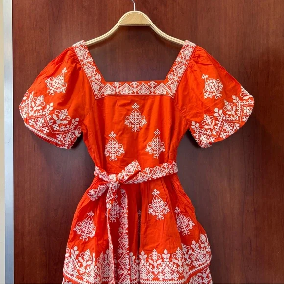 New Boden Square Neck Rara Dress in Firecracker New With Tag Size 6 Embroidered - Picture 6 of 16